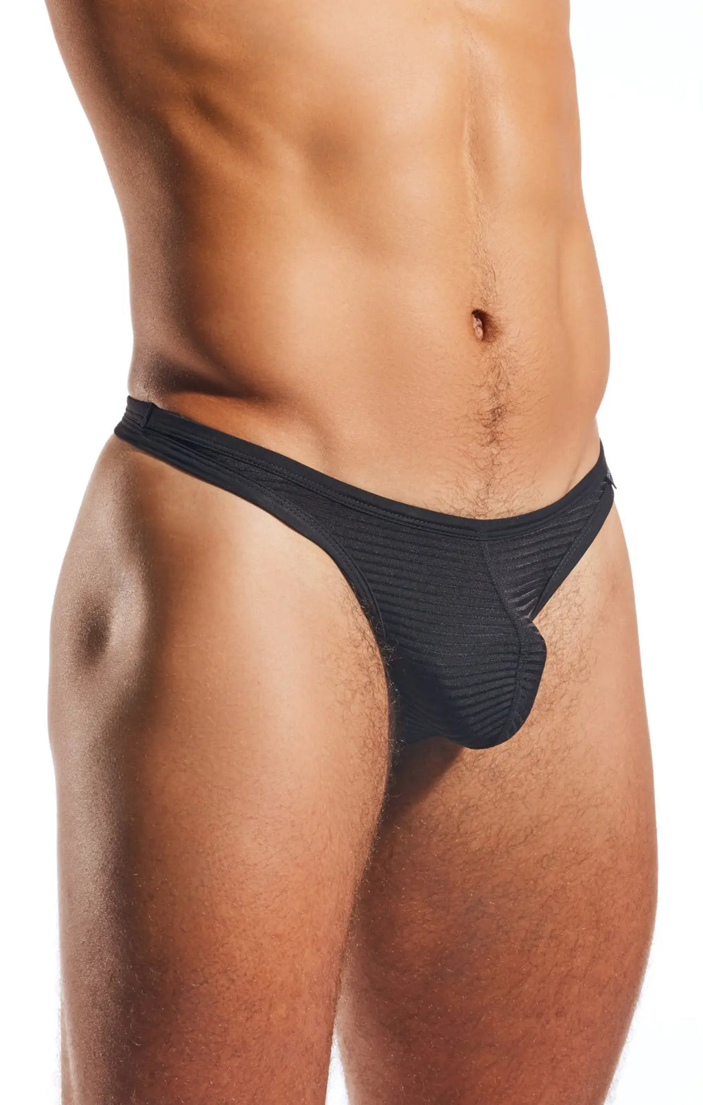 Black textured fabric thong cx05lux semi sheer thong with contoured design shown from the back side
