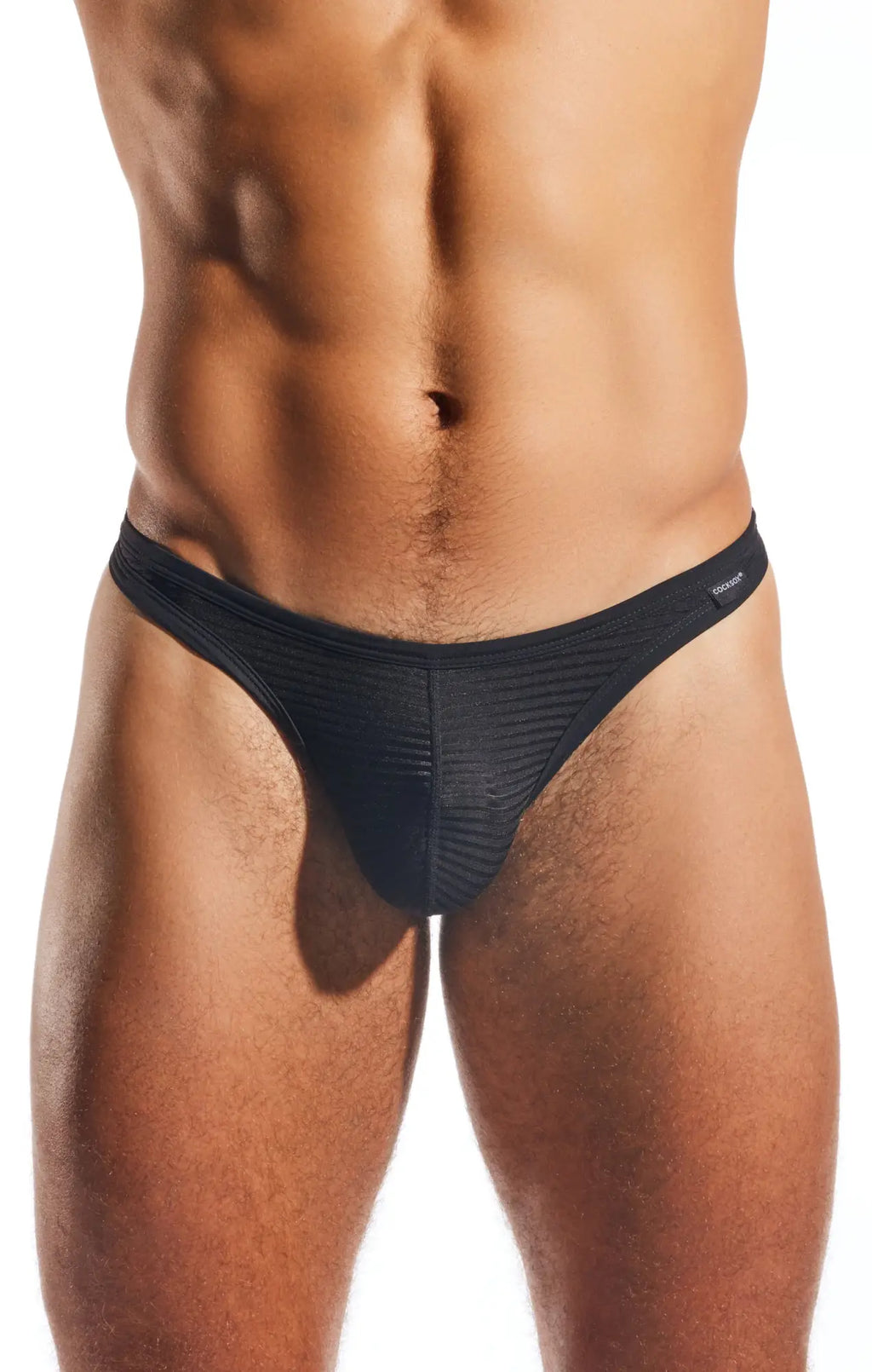 Black textured fabric cx05lux semi-sheer thong with a sleek form-fitting design shown from the back side