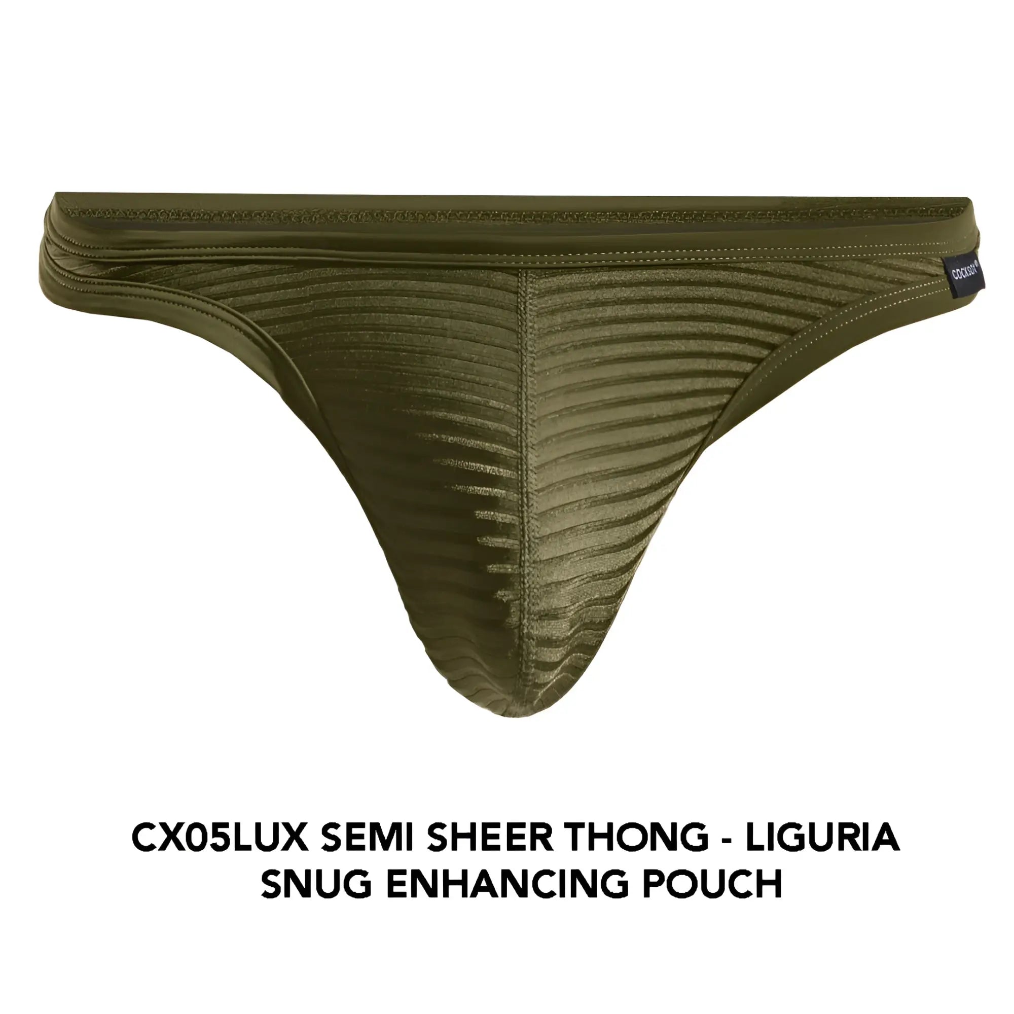 Cx05lux semi-sheer thong in olive green with ribbed texture and snug-enhancing pouch design