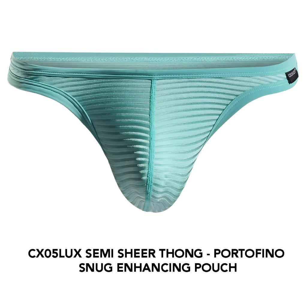 Teal cx05lux semi-sheer thong with ribbed texture and snug-enhancing pouch design