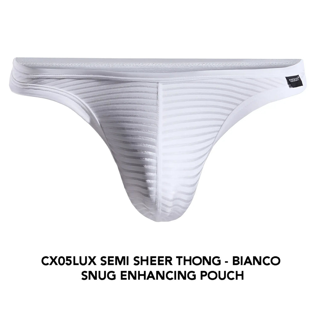 White cx05lux semi-sheer thong featuring a snug enhancing pouch and subtle ribbed texture in front view