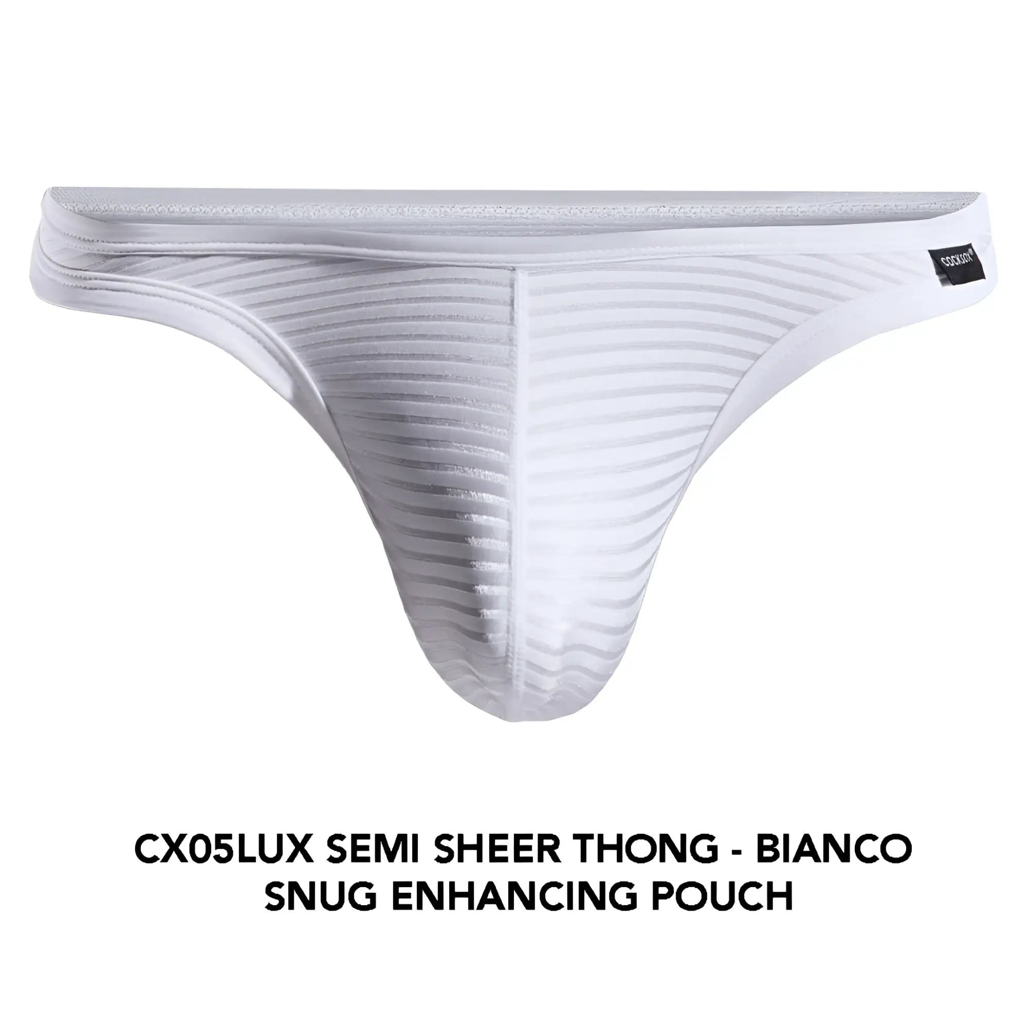 White cx05lux semi-sheer thong featuring a snug enhancing pouch and subtle ribbed texture in front view