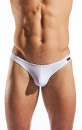 White striped cx05lux semi-sheer thong with ribbed texture and small black brand tag on the waistband
