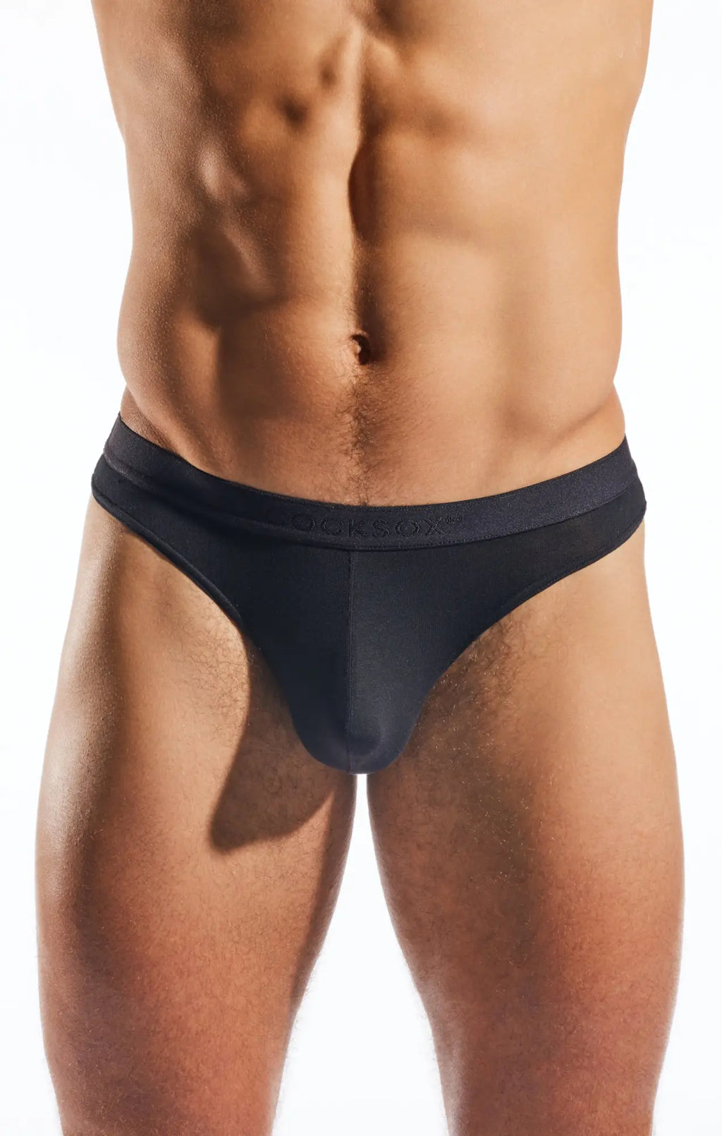 Black men’s cx05md thong briefs with smooth form-fitting design and subtle waistband branding visible from the back