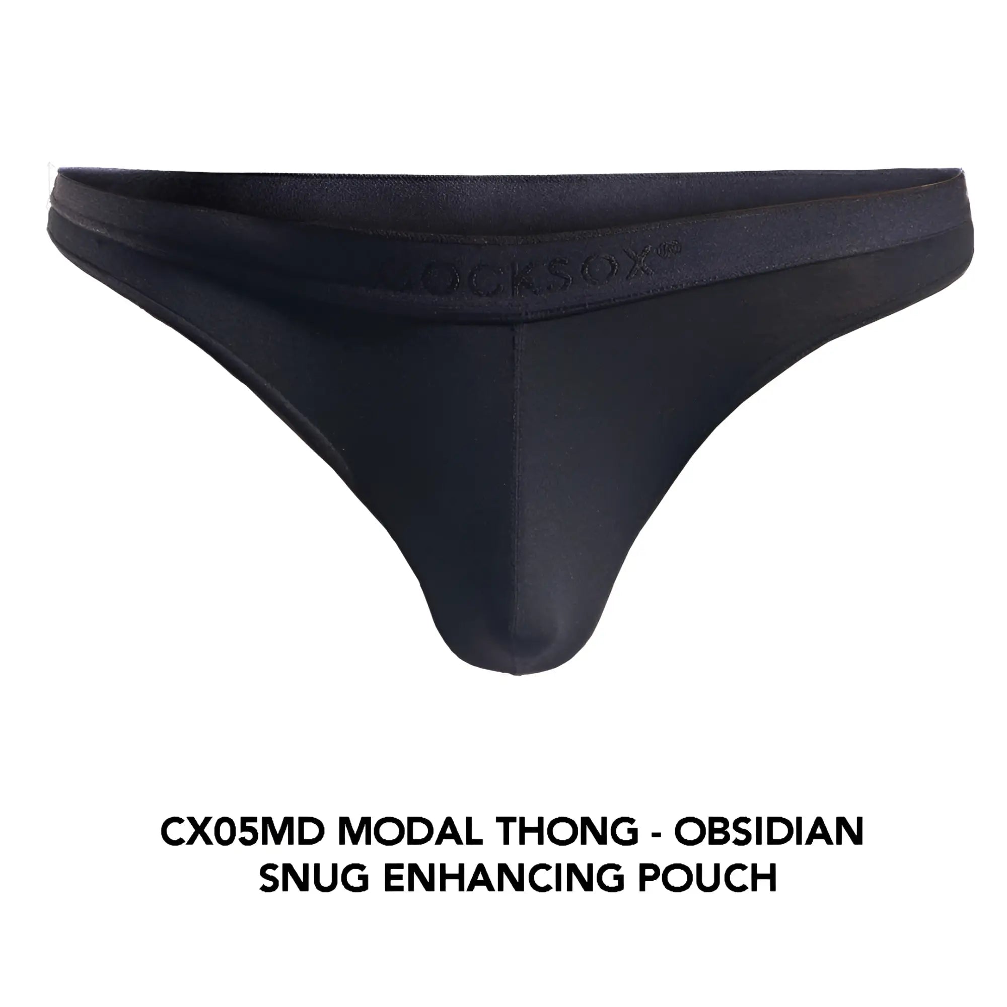 Black modal cx05md thong with snug enhancing pouch and ocksox logo embroidered on the waistband