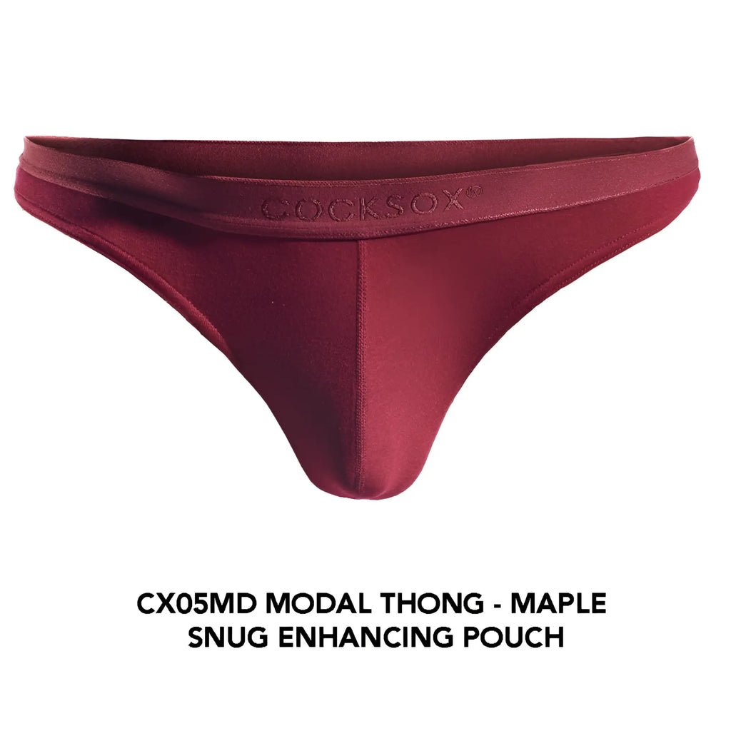 Maroon modal CX05MD thong with snug enhancing pouch and cocksox embroidered waistband visible from the front