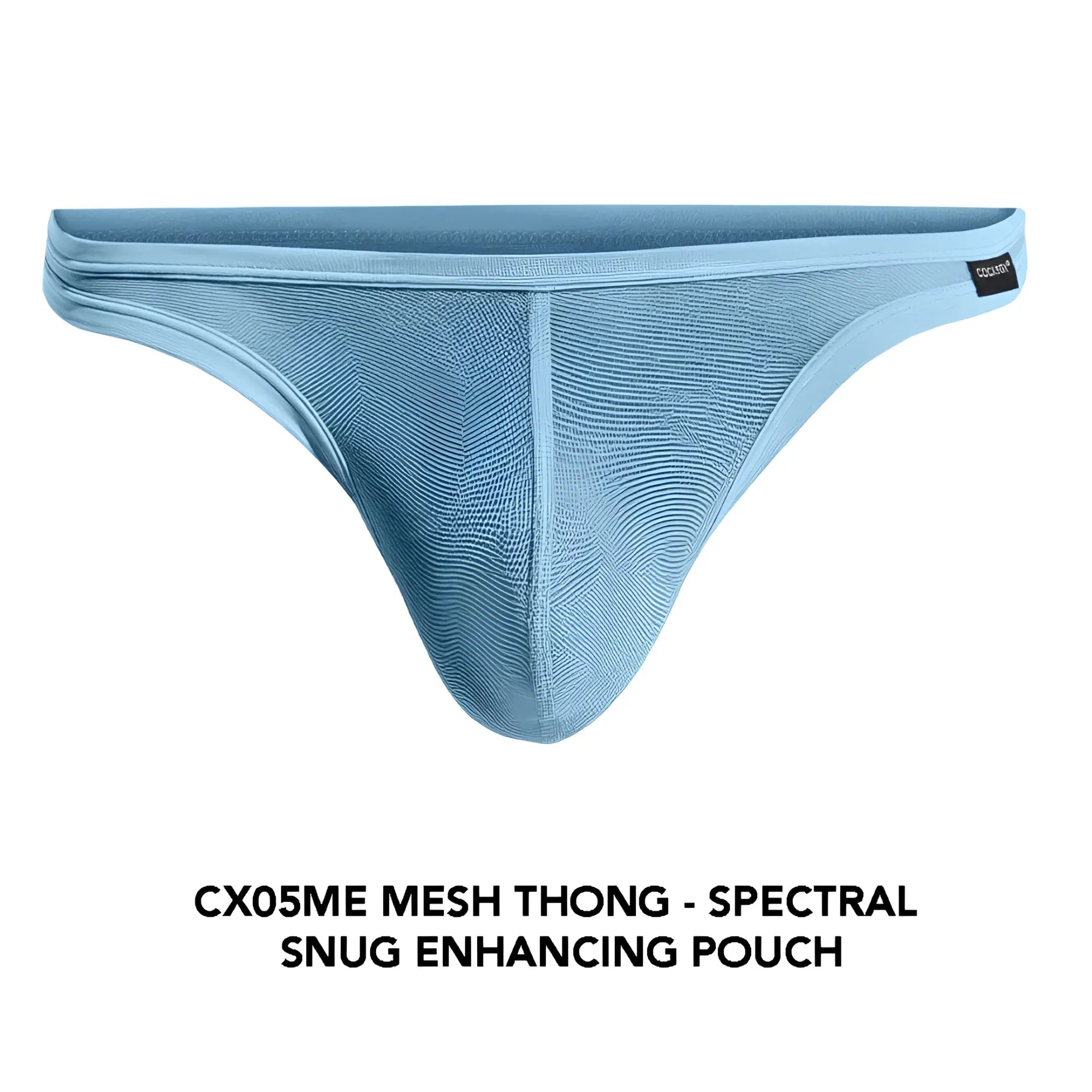 Light blue cx05me mesh thong with spectral snug enhancing pouch design in breathable mesh fabric