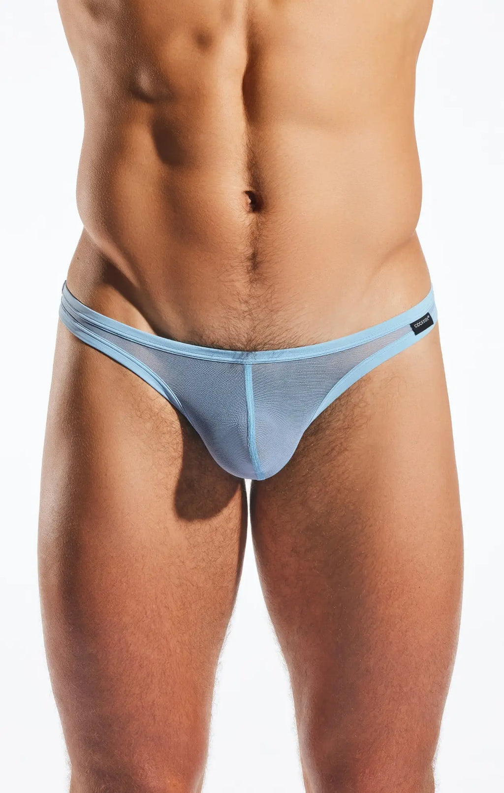 Light blue mesh thong cx05me with subtle textured pattern and sleek form fitting design front view