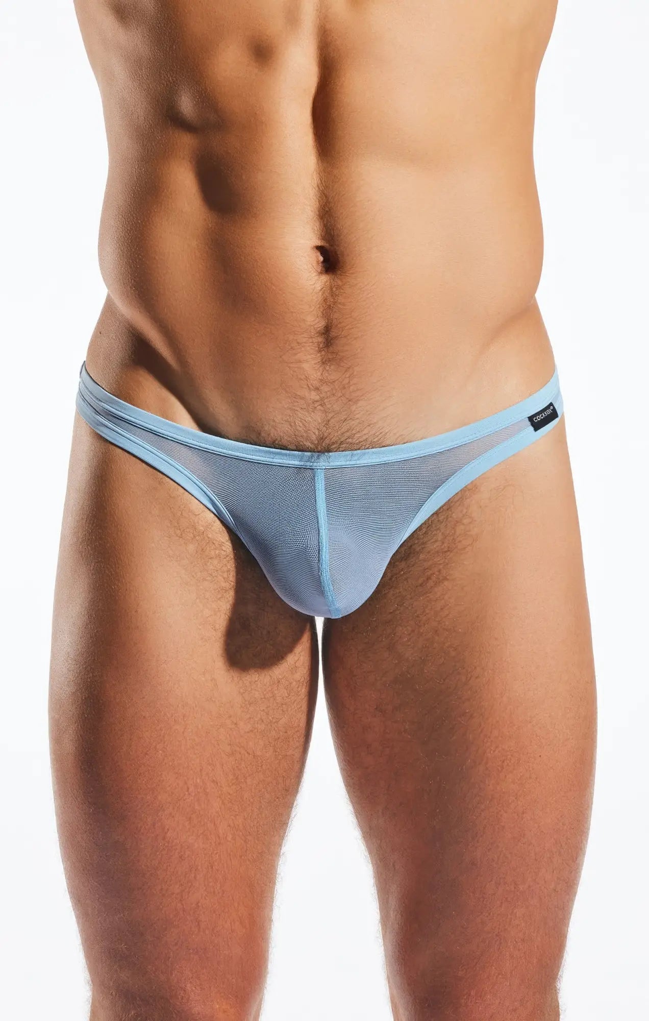 Light blue mesh thong cx05me with subtle textured pattern and sleek form fitting design front view
