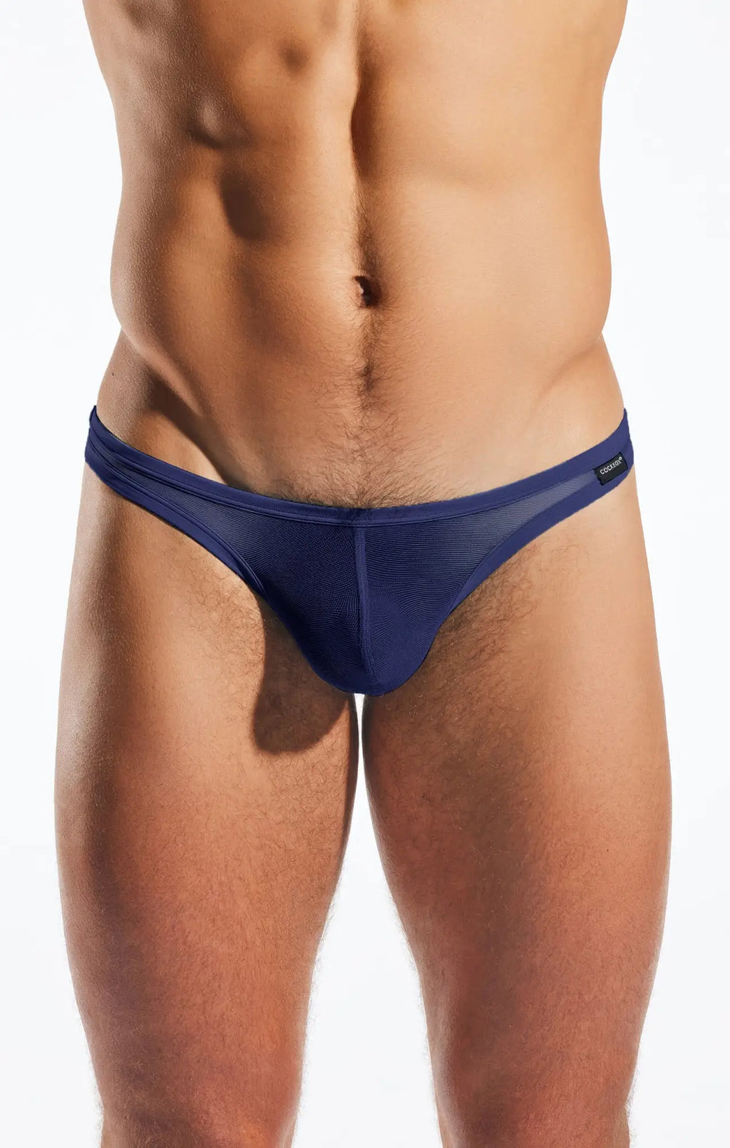 Navy blue cx05me mesh thong with a sleek form-fitting design made from breathable mesh fabric