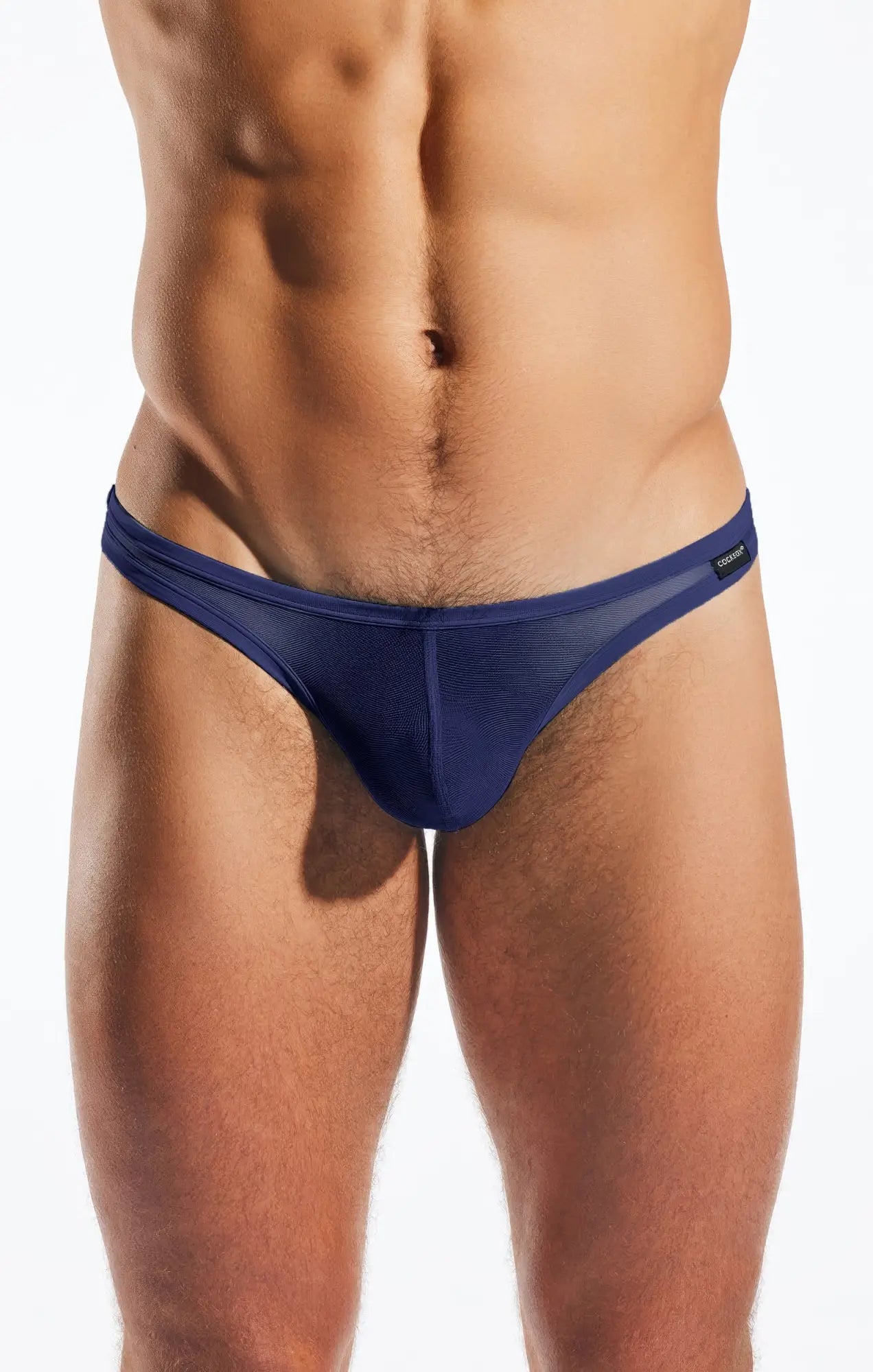 Navy blue cx05me mesh thong with a sleek form-fitting design made from breathable mesh fabric