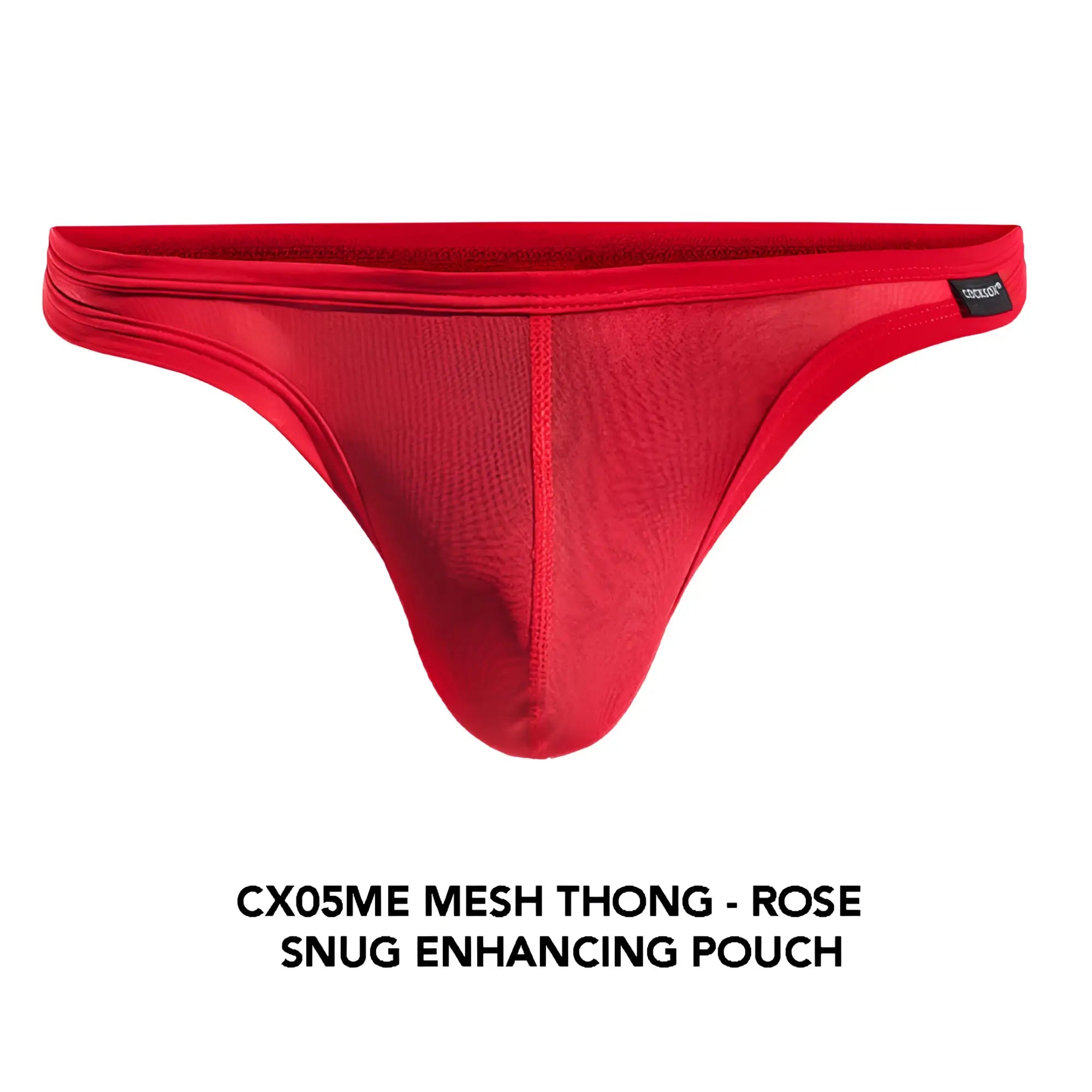Red mesh thong cx05me with snug enhancing pouch design highlighting breathable mesh material and vibrant color