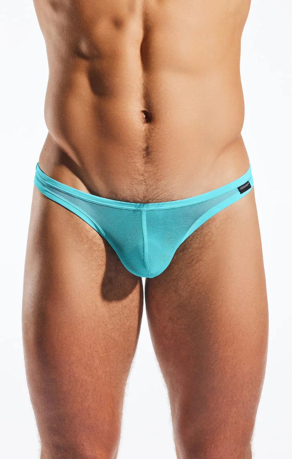Turquoise cx05me mesh thong with sleek form-fitting design made of breathable mesh fabric