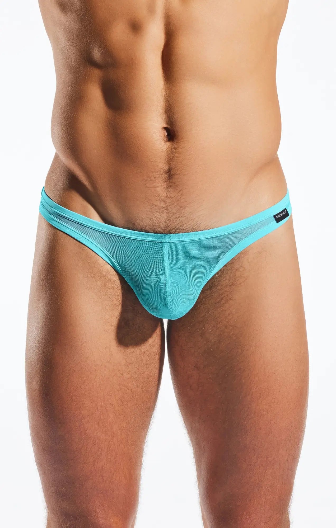 Turquoise cx05me mesh thong with sleek form-fitting design made of breathable mesh fabric