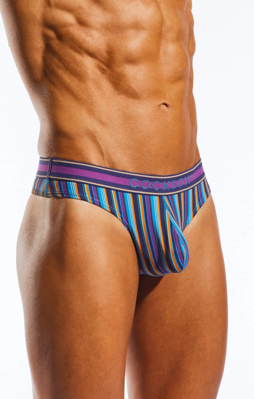 Cx05sp sports thong vibrant striped men’s briefs in blue purple and yellow with bold patterned waistband front view