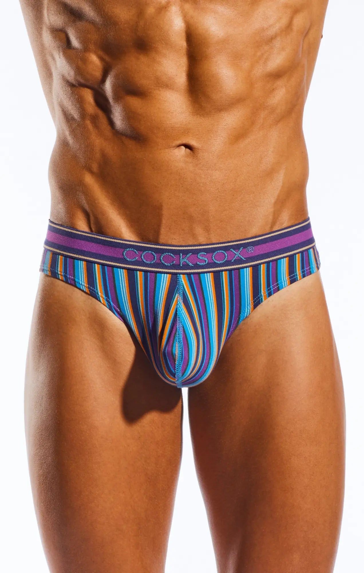 Vibrant striped men’s briefs cx05sp sports thong in blue purple and yellow with bold cocksox waistband