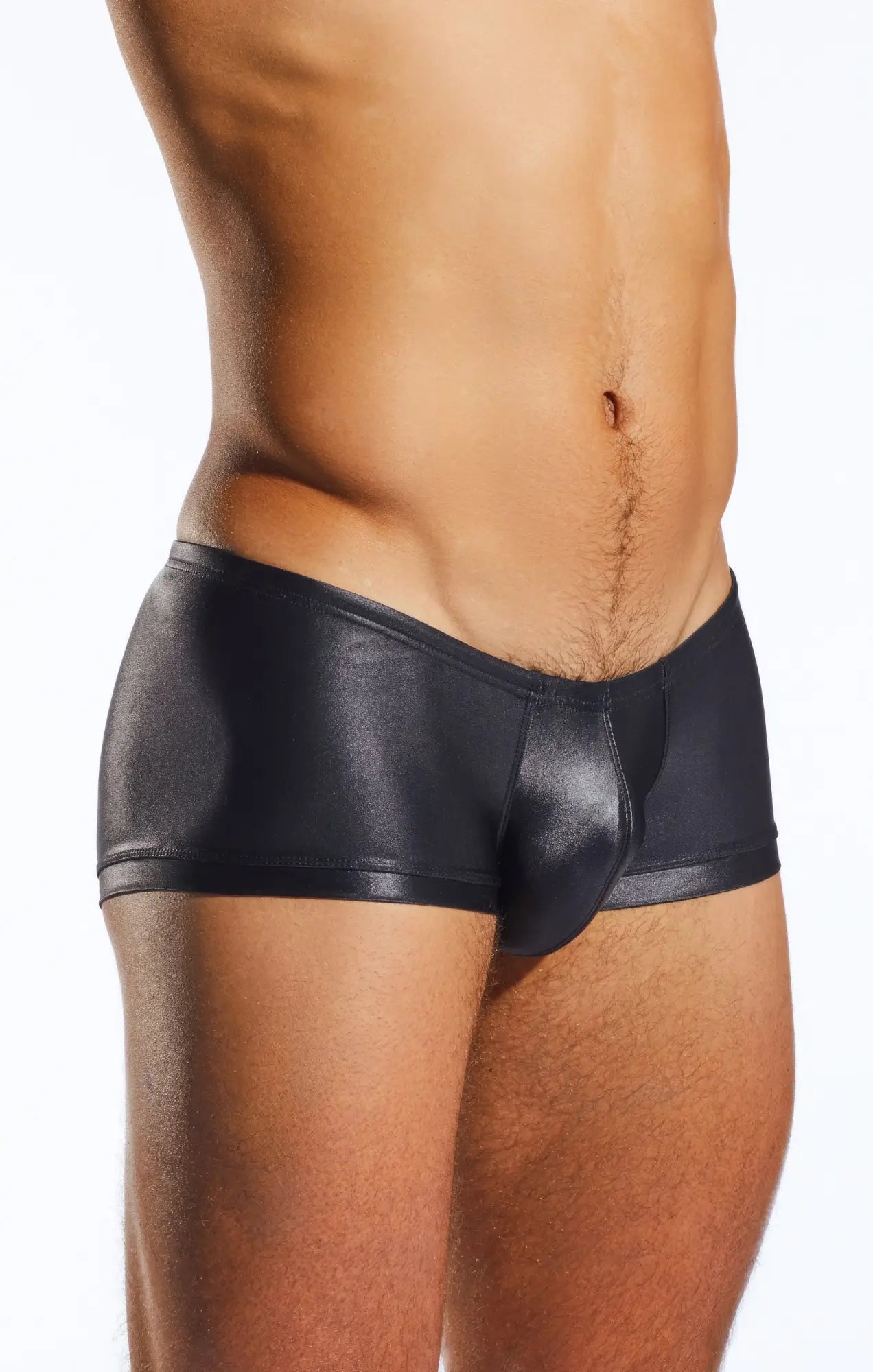 Black shiny faux leather swim trunk briefs cx08gs showing front design for swim and beach use