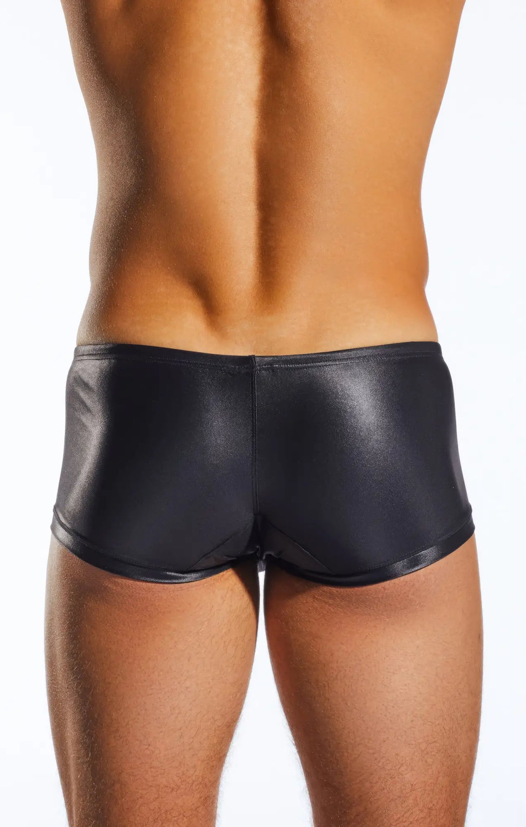 Black shiny faux leather cx08gs swim trunk designed for stylish swimwear and beachwear use