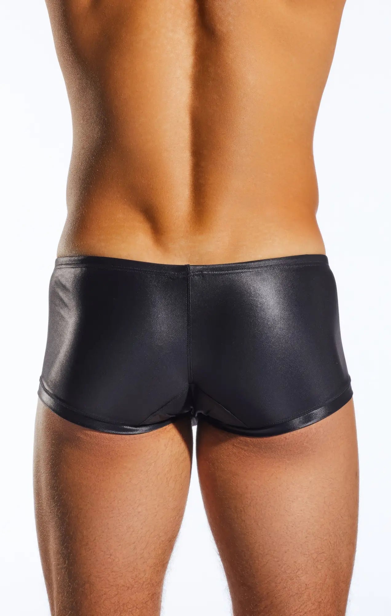 Black shiny faux leather cx08gs swim trunk designed for stylish swimwear and beachwear use