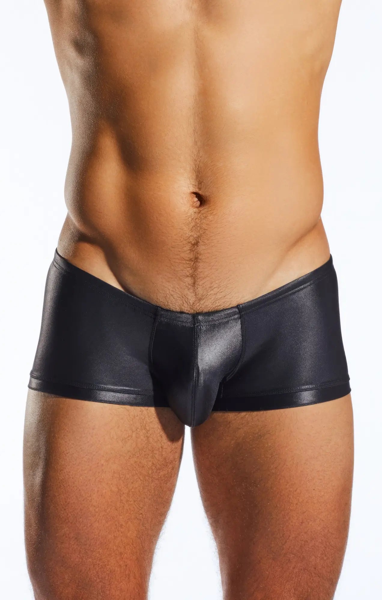 Black shiny faux leather briefs with a sleek form fitting design in cx08gs swim trunk style