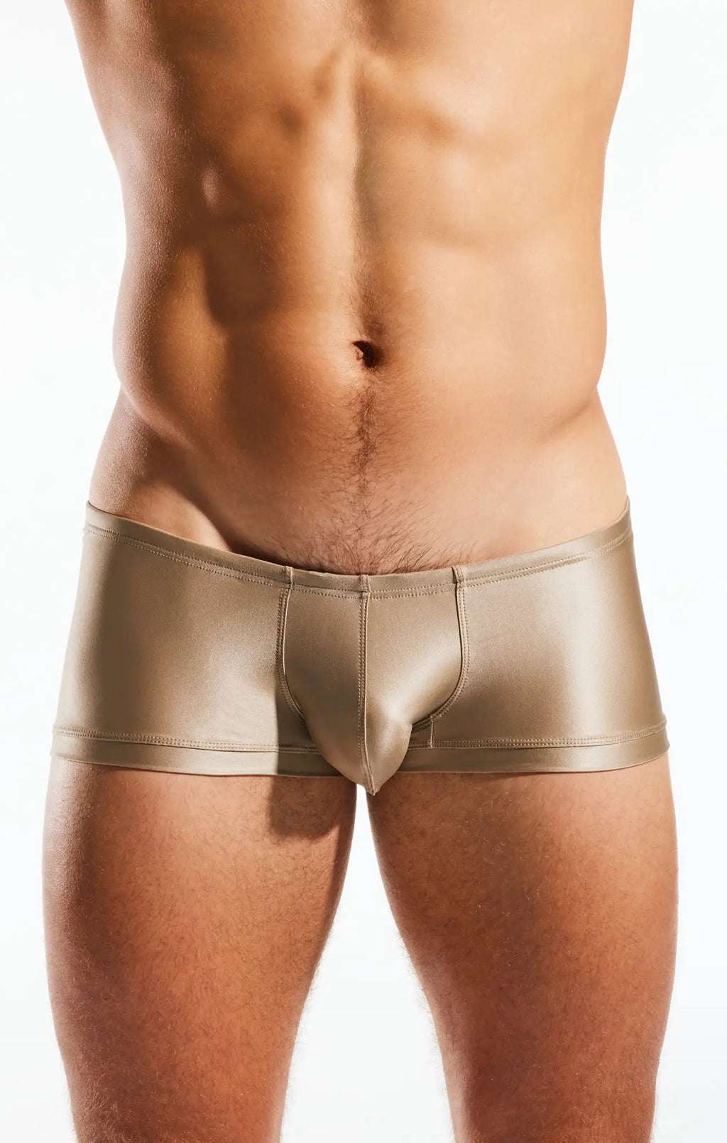 Shiny metallic gold cx08gs swim trunk briefs with a sleek form-fitting design for swimming and beachwear