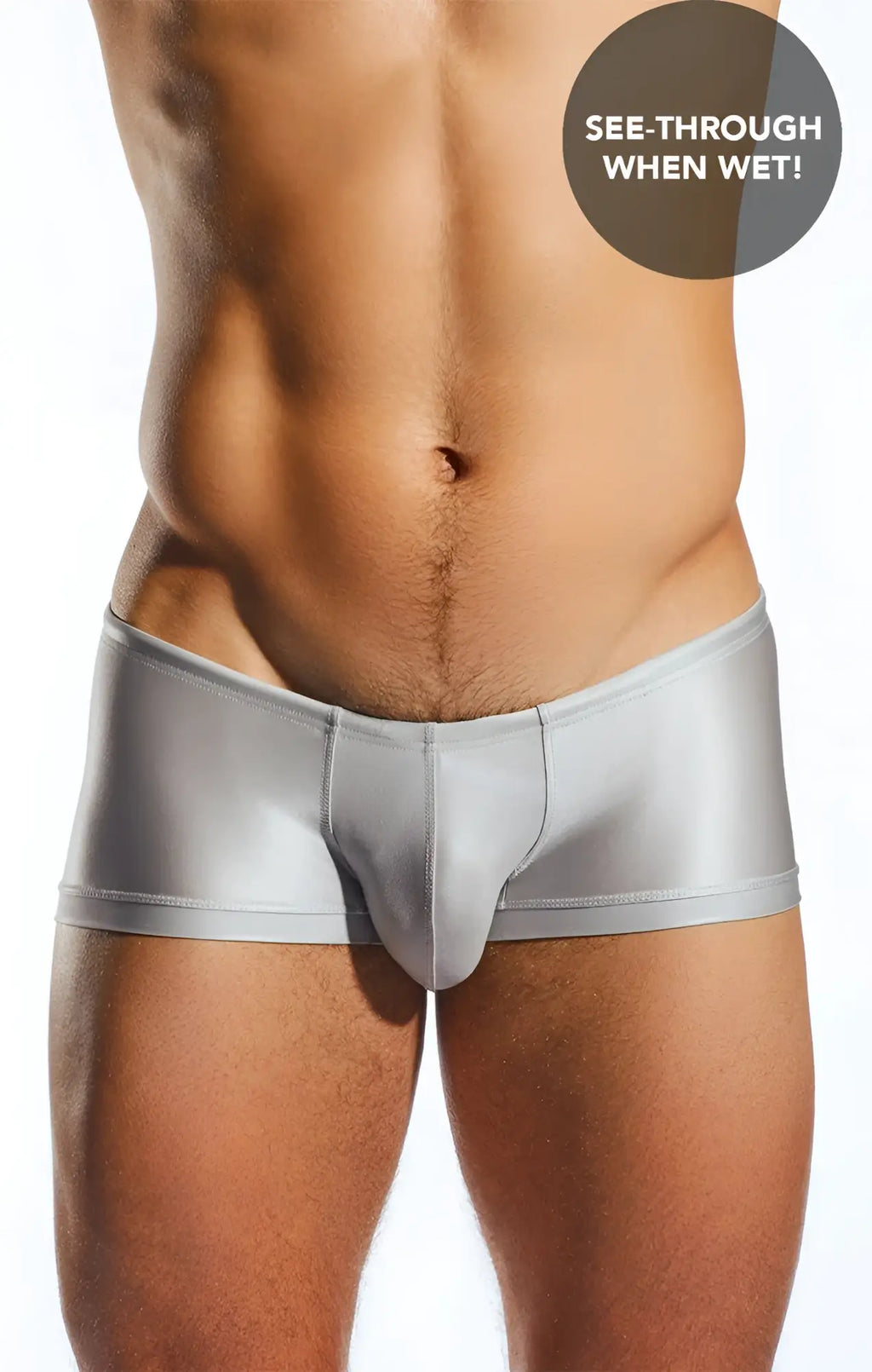 Cx08gs swim trunk silver shiny see-through briefs when wet showing the back side