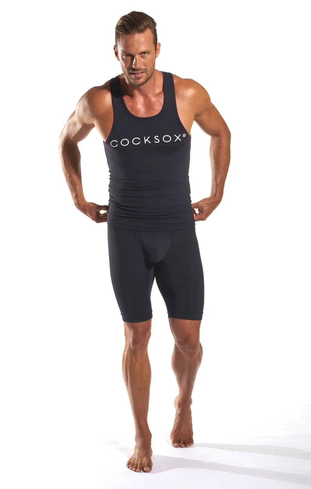 Black cocksox cx09 compression tank top and shorts set in black designed for athletic performance and support