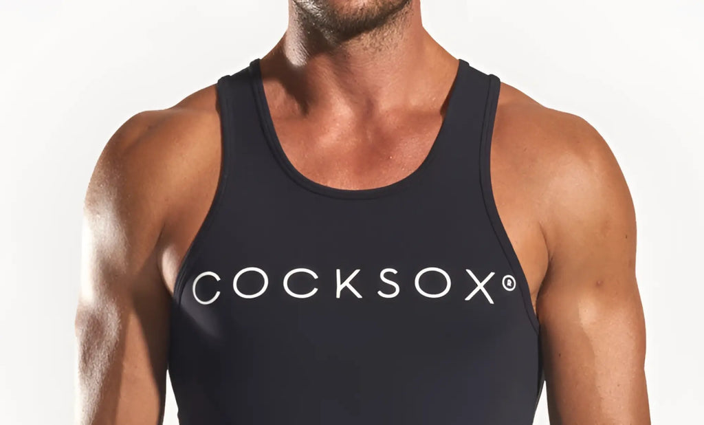 Black cocksox cx09 tank top featuring a black sleeveless design with a white logo across the chest