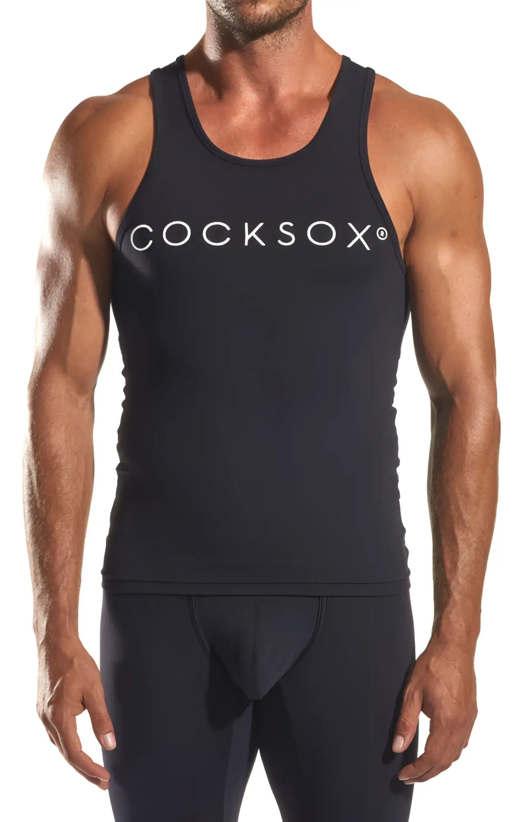 Black cocksox cx09 tank top in black with white logo across the chest made from breathable fabric for casual wear