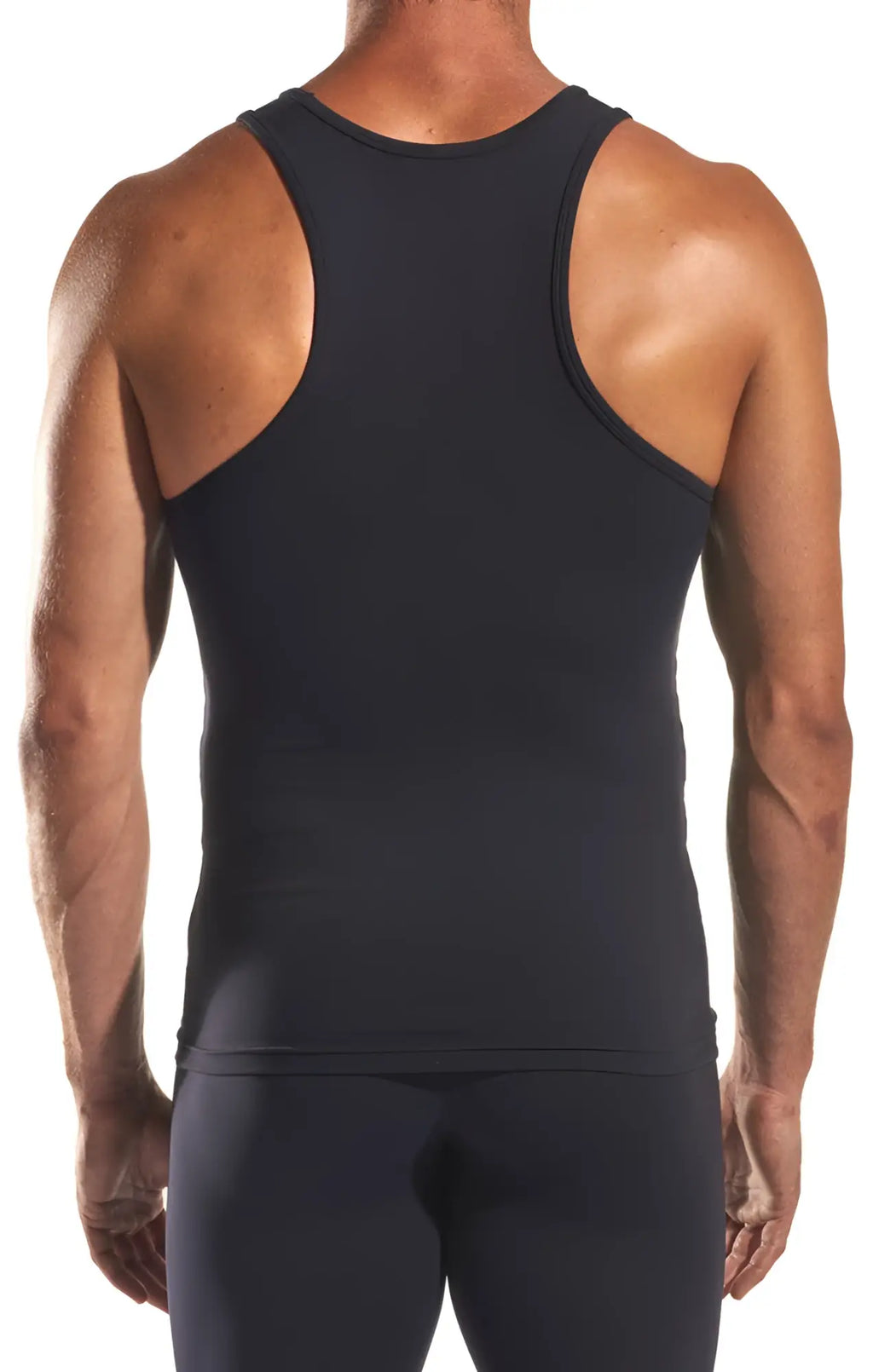 Black form-fitting cx09 tank top with racerback design showing the back side for activewear use
