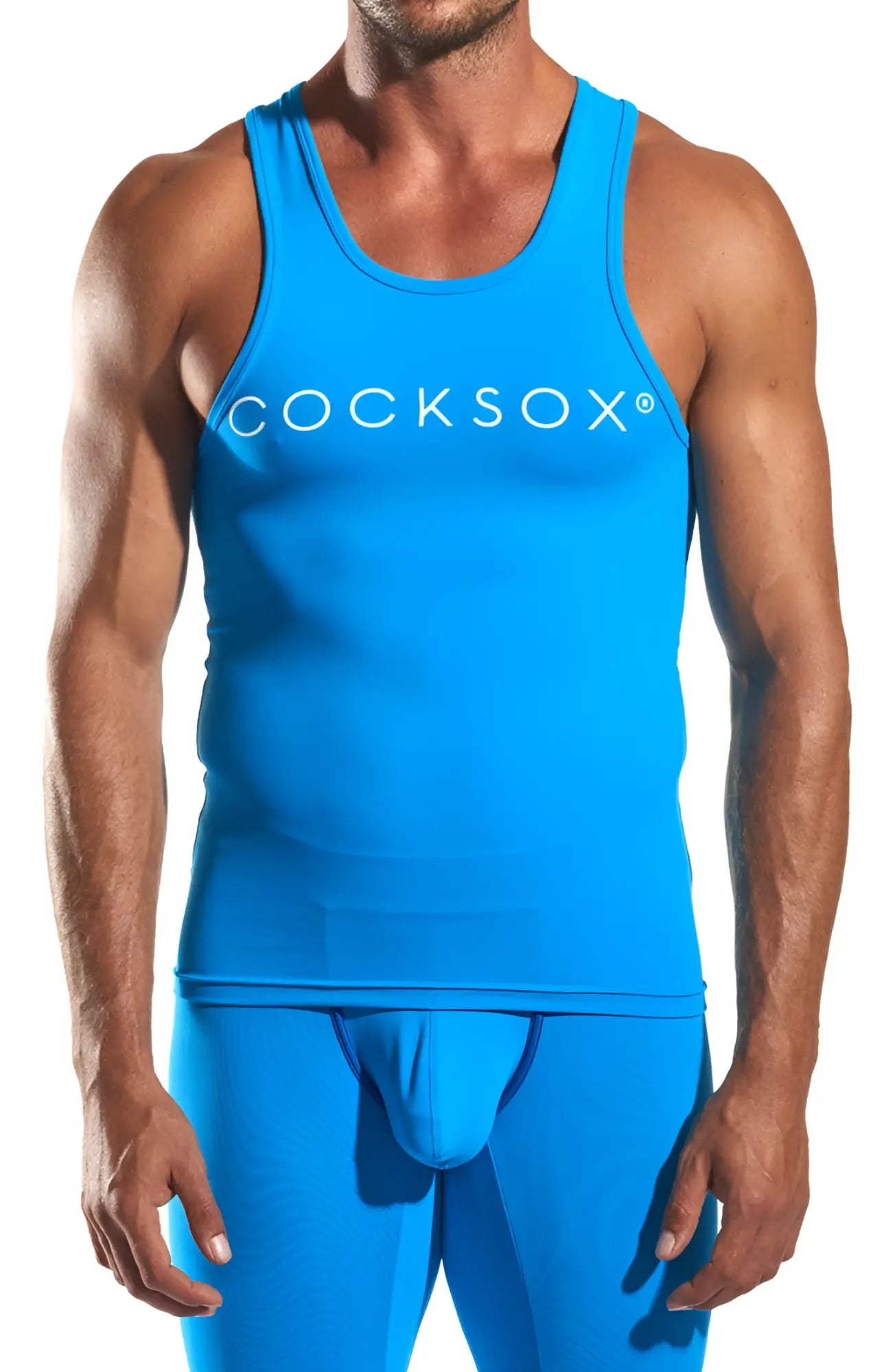 Bright blue cocksox cx09 tank top with white logo across the chest made from lightweight breathable fabric