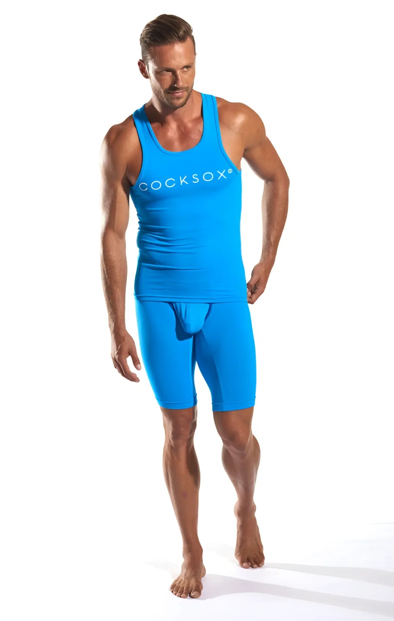 Bright blue cocksox cx09 tank top and matching briefs set made of breathable fabric for athletic use