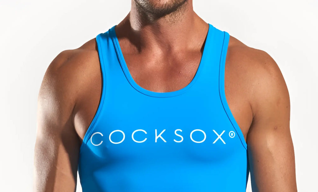 Bright blue cocksox cx09 tank top with white logo across the chest made from breathable fabric for casual wear