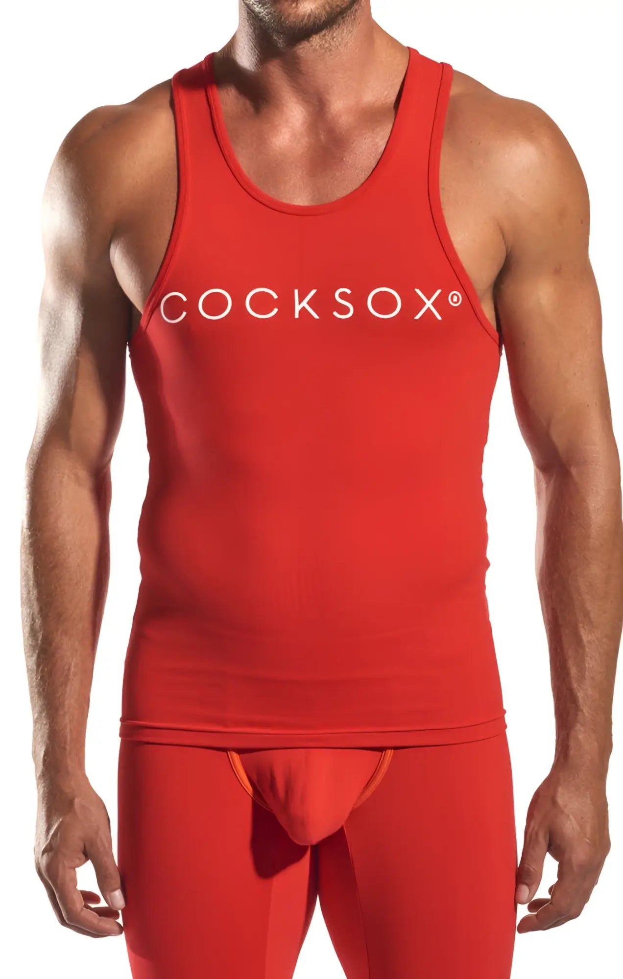 Red cocksox cx09 tank top in red with white logo across chest made from comfortable fabric for casual wear
