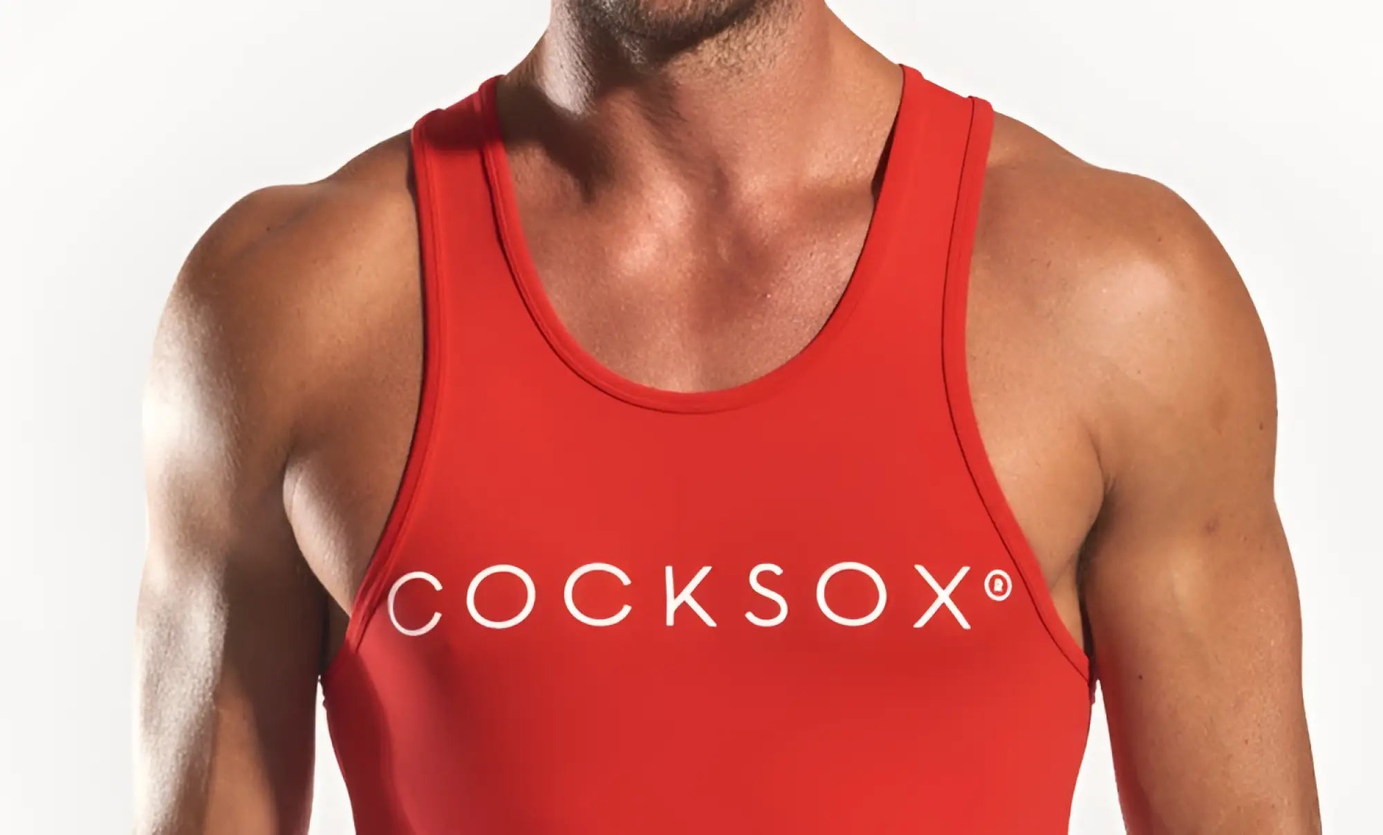 Red cocksx cx09 tank top in red with white logo across the chest perfect for casual wear
