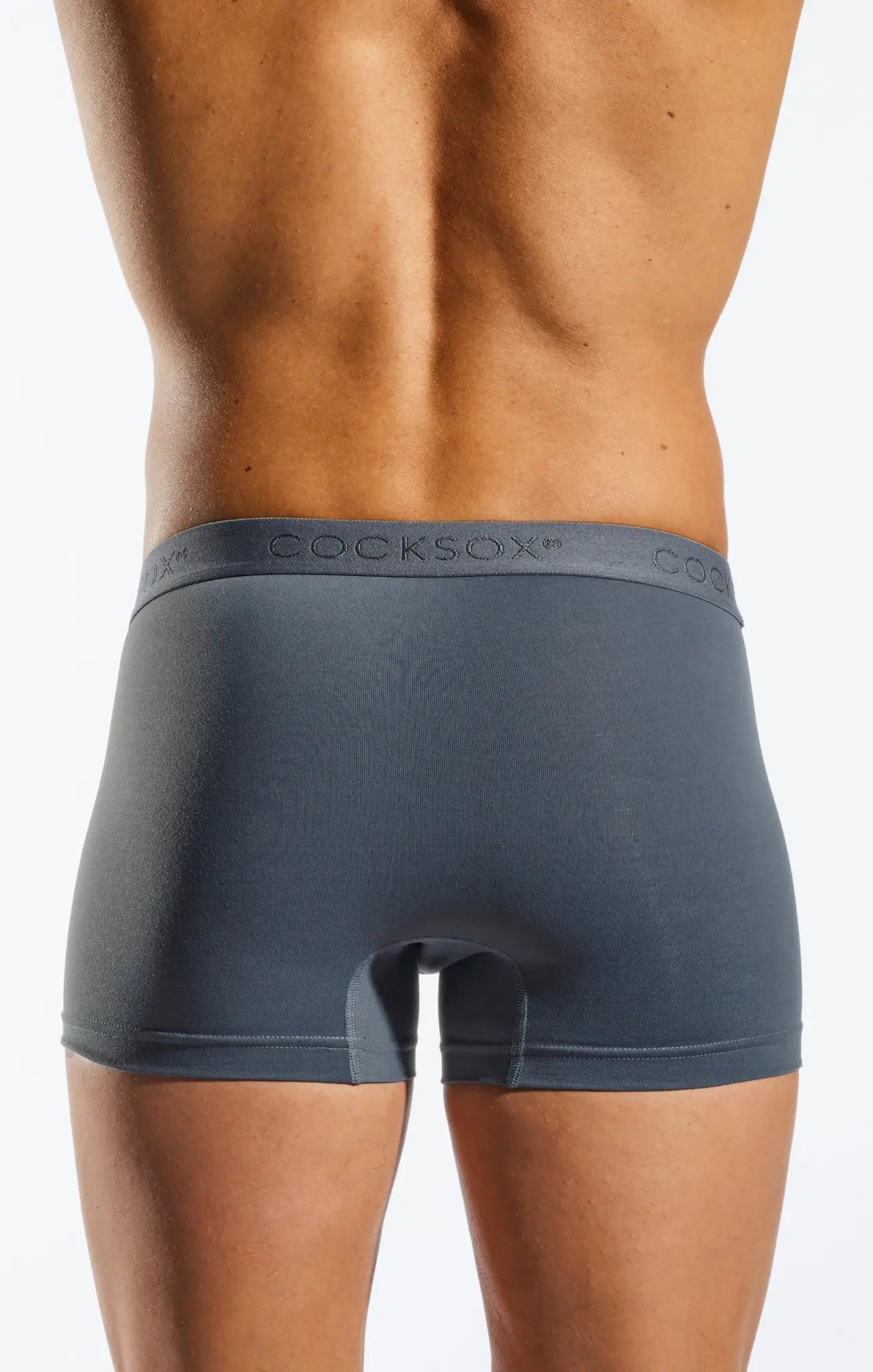 Gray CX12 boxer cocksox men’s briefs with smooth form-fitting fabric and subtle brand logo on the waistband