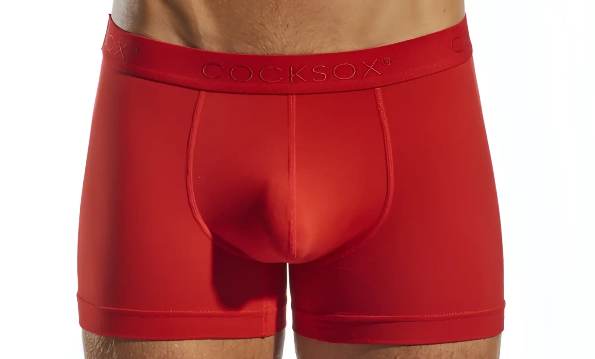 Red cocksock cx12 boxer briefs with smooth form-fitting fabric and subtle stitching details in vibrant red