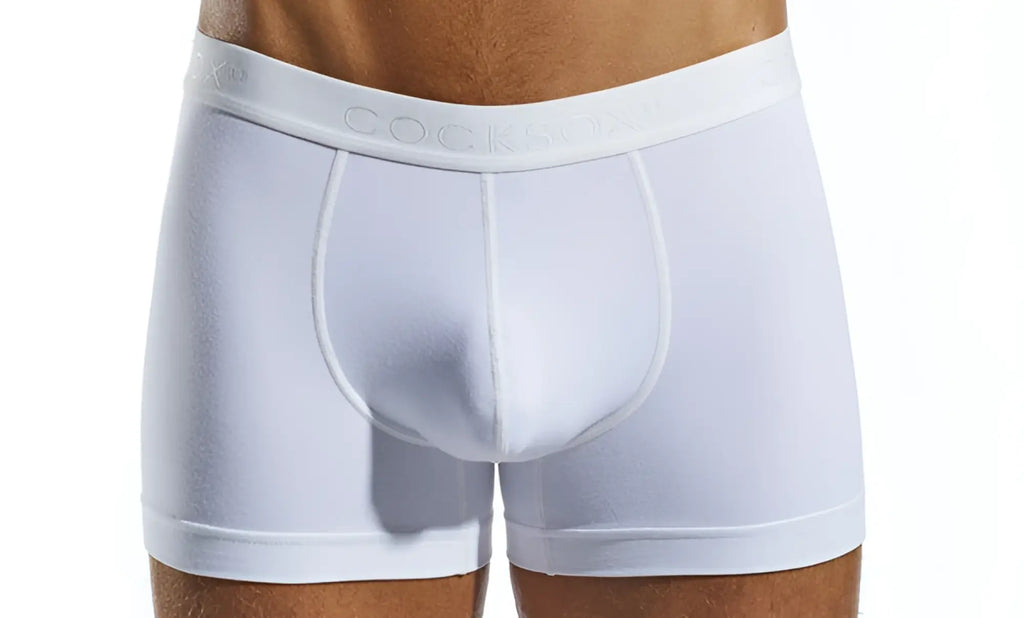 White cx12 boxer briefs with smooth form-fitting design and subtle brand embossing on the waistband
