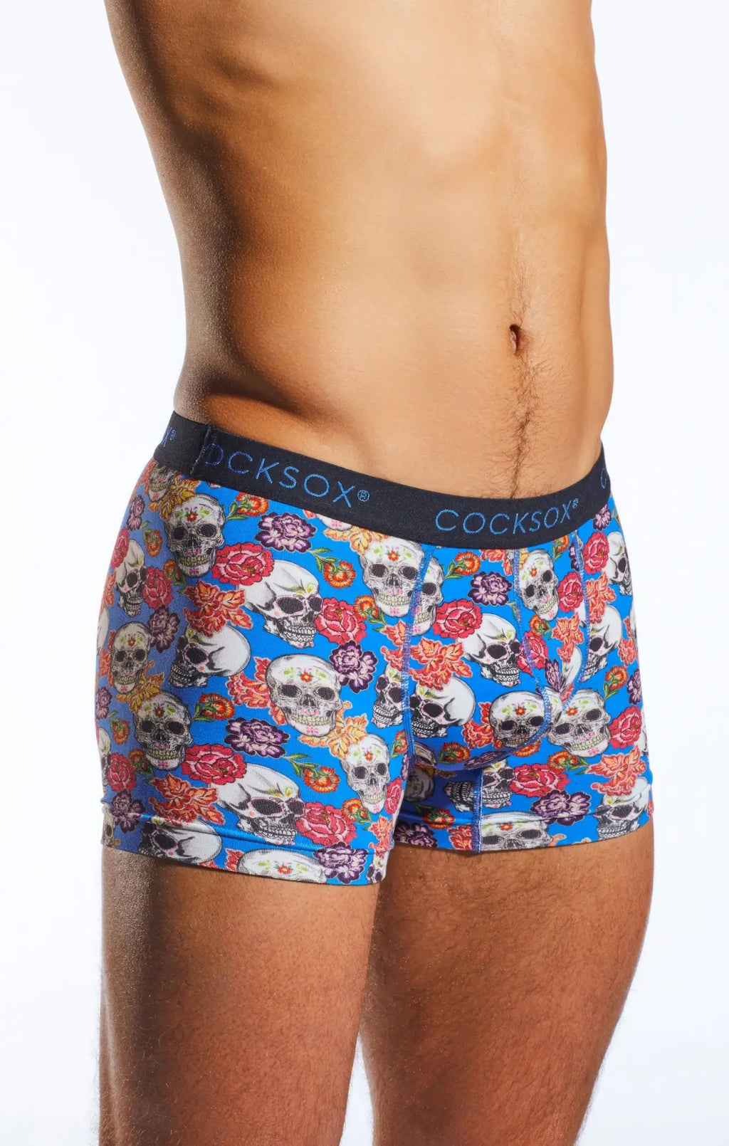 Blue cocksox cx12dd boxer briefs featuring a vibrant skull and rose pattern on soft breathable fabric
