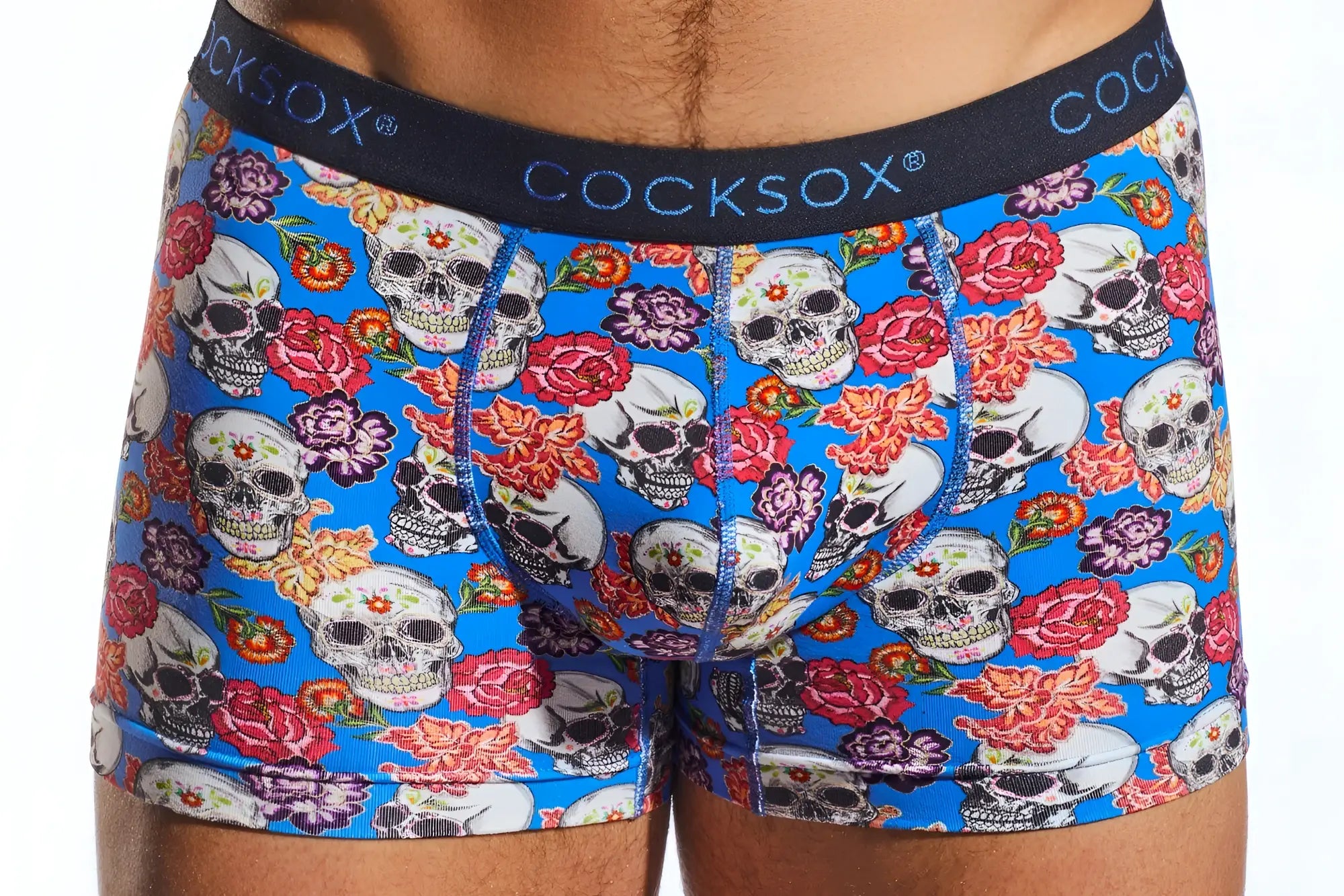 Blue cocksox cx12dd boxer briefs with vibrant white skulls and colorful flowers pattern for comfortable everyday wear