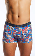 Blue boxer briefs cx12dd with vibrant skull and rose pattern featuring cocksox branded waistband
