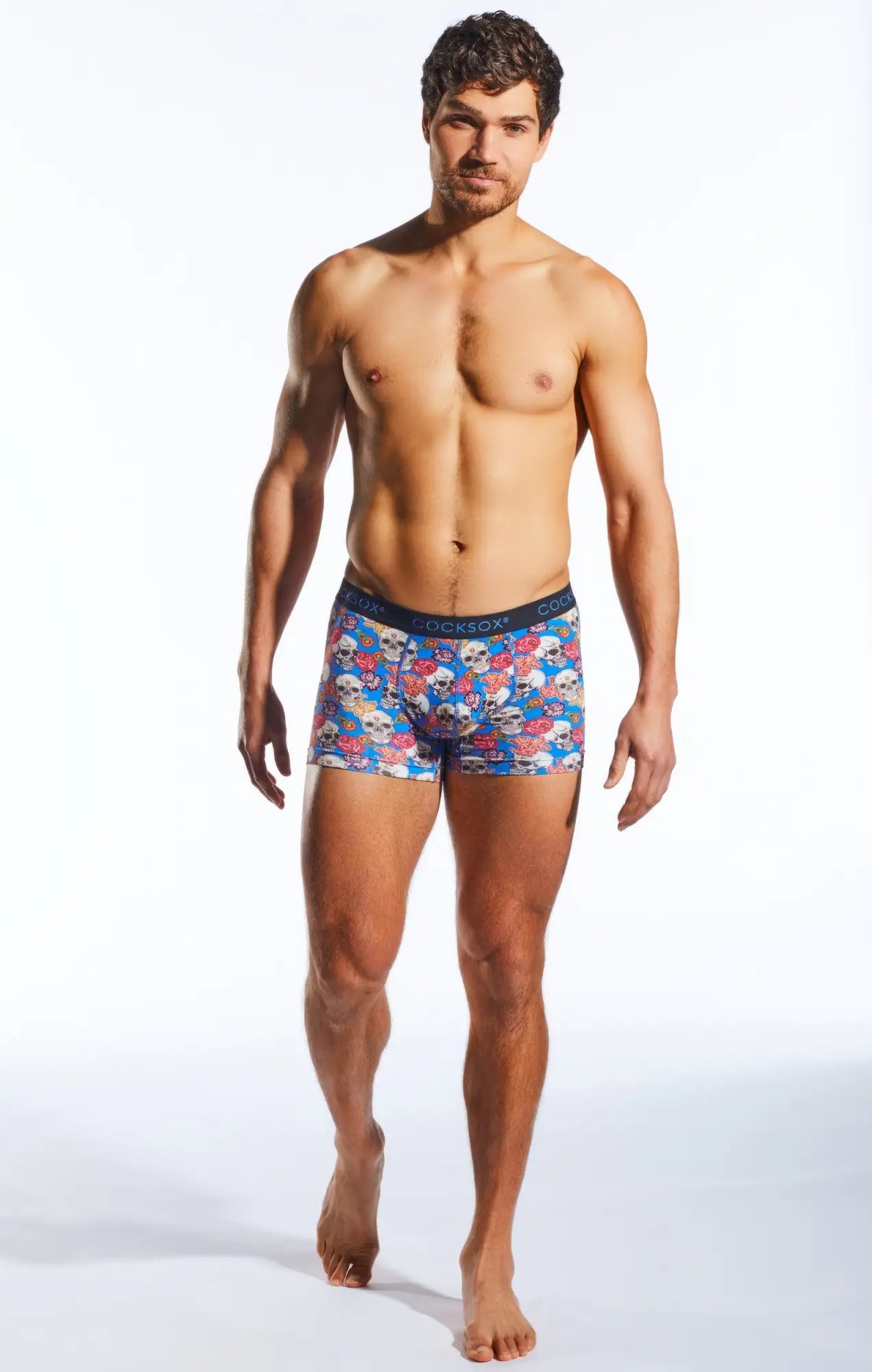 Blue and white patterned boxer briefs with skull design and cockroft waistband from cx12dd boxer collection