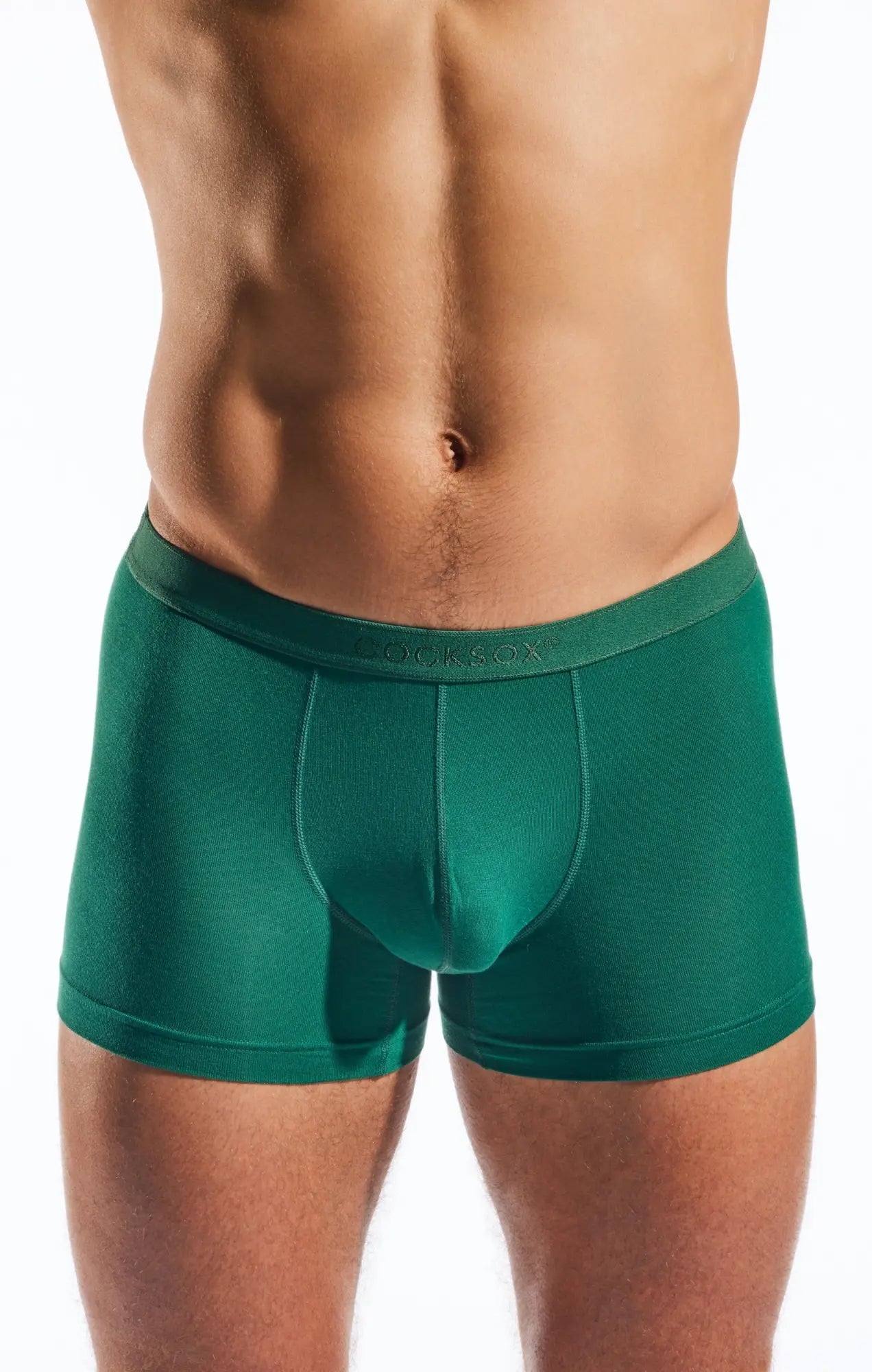 Emerald green CX12MD boxer briefs made of smooth stretchy fabric with a subtle brand logo on the waistband