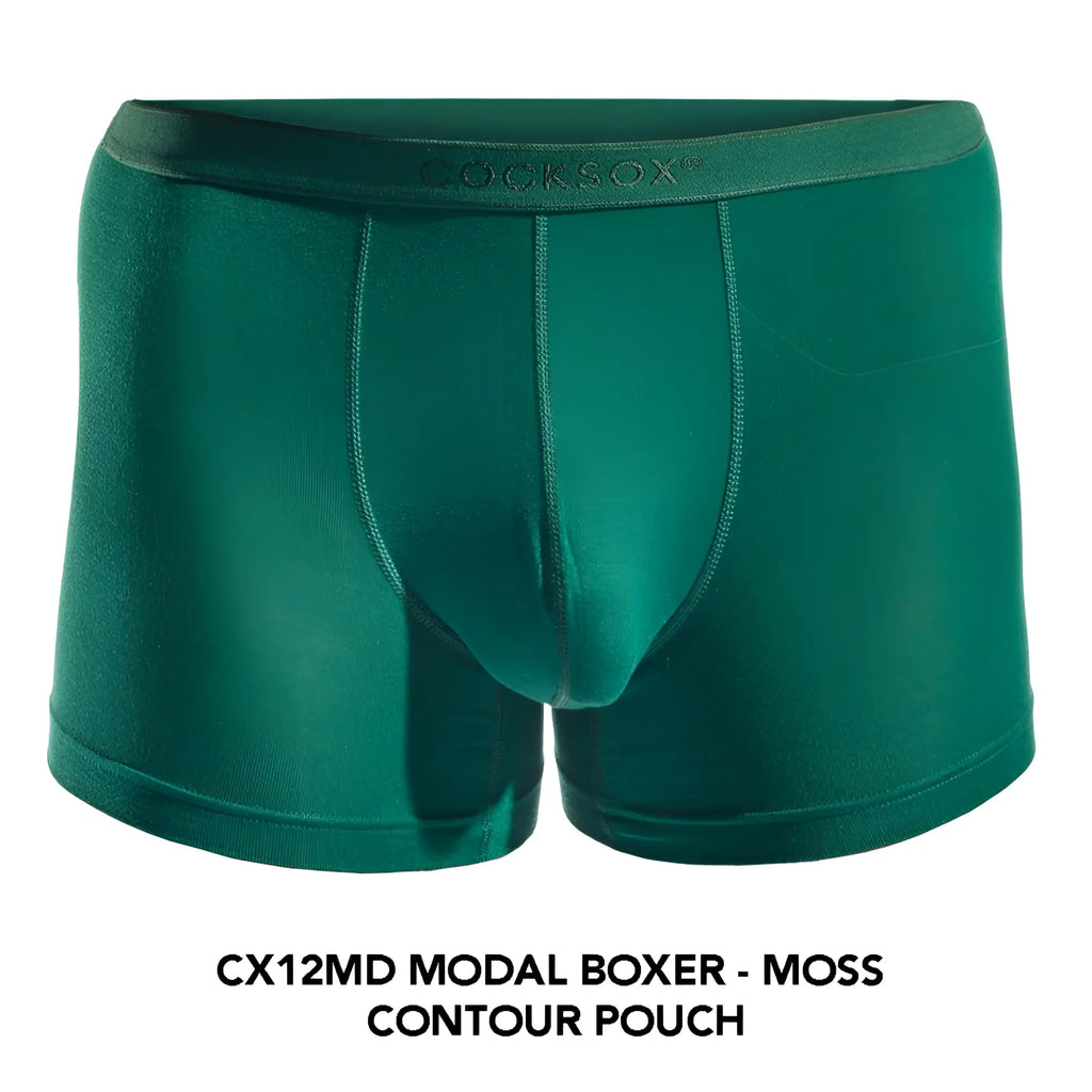 Moss green modal cx12md boxer briefs with contoured pouch and cocksox embroidered waistband for comfort
