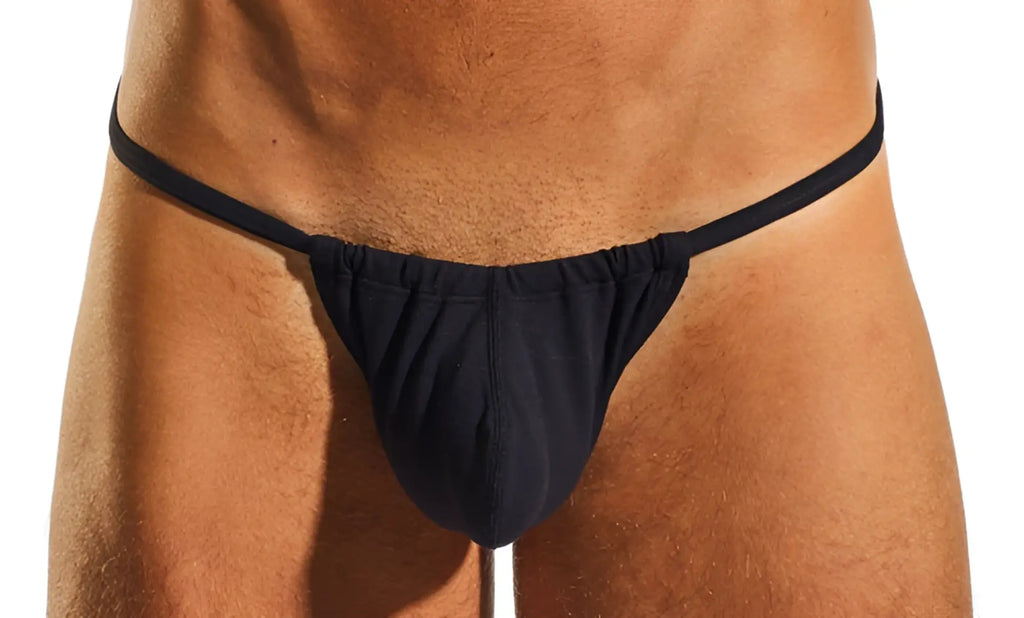 Black cx14 slingshot thong made of stretchy fabric with a narrow waistband and gathered elastic at the back side