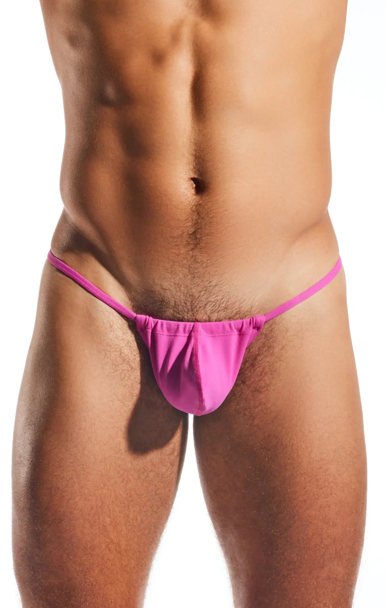 Bright pink cx14 slingshot thong made of smooth stretchy fabric with gathered front and thin straps