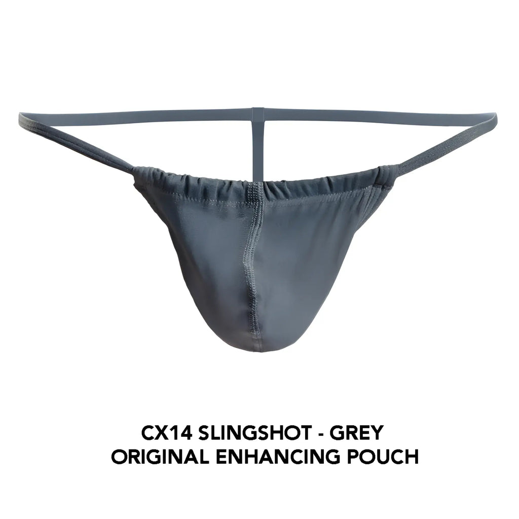 Grey cx14 slingshot original enhancing pouch made of smooth stretchy fabric with central seam and elastic waistband