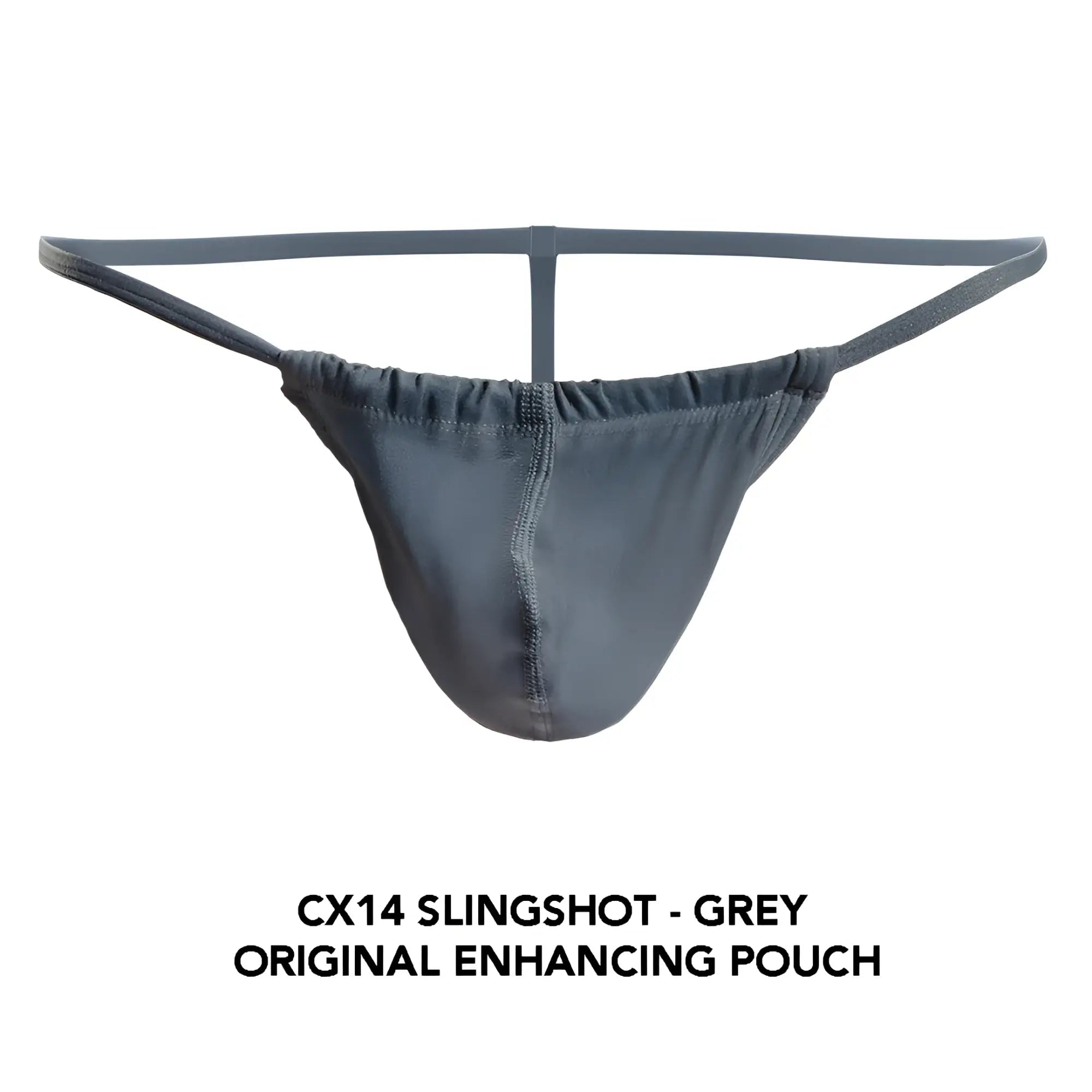 Grey cx14 slingshot original enhancing pouch made of smooth stretchy fabric with central seam and elastic waistband