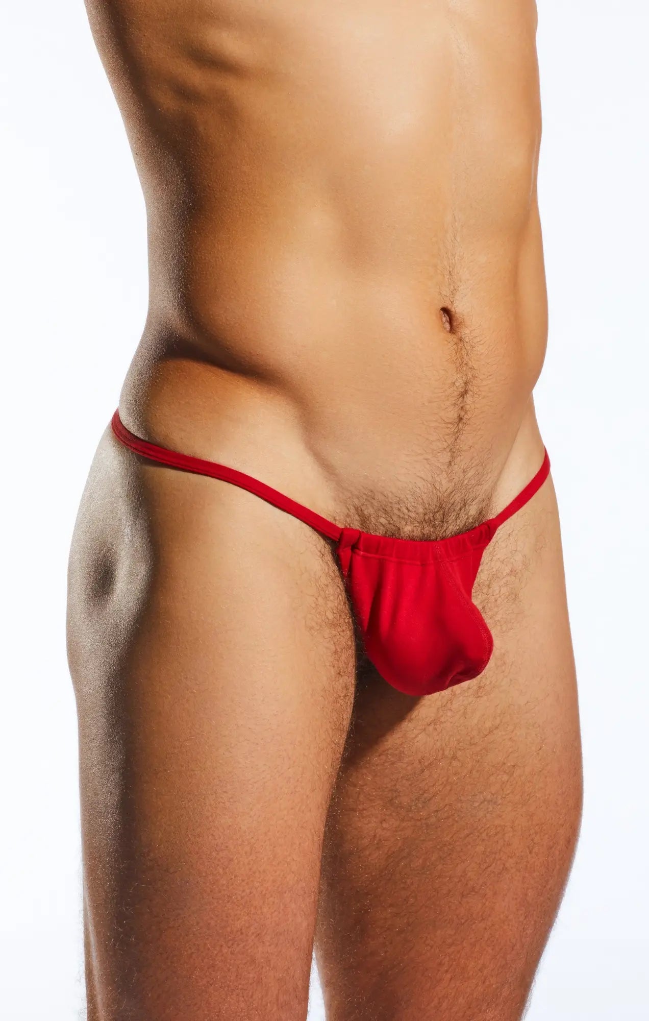Red thong slingshot cx14 made of smooth stretchy fabric shown from the back side