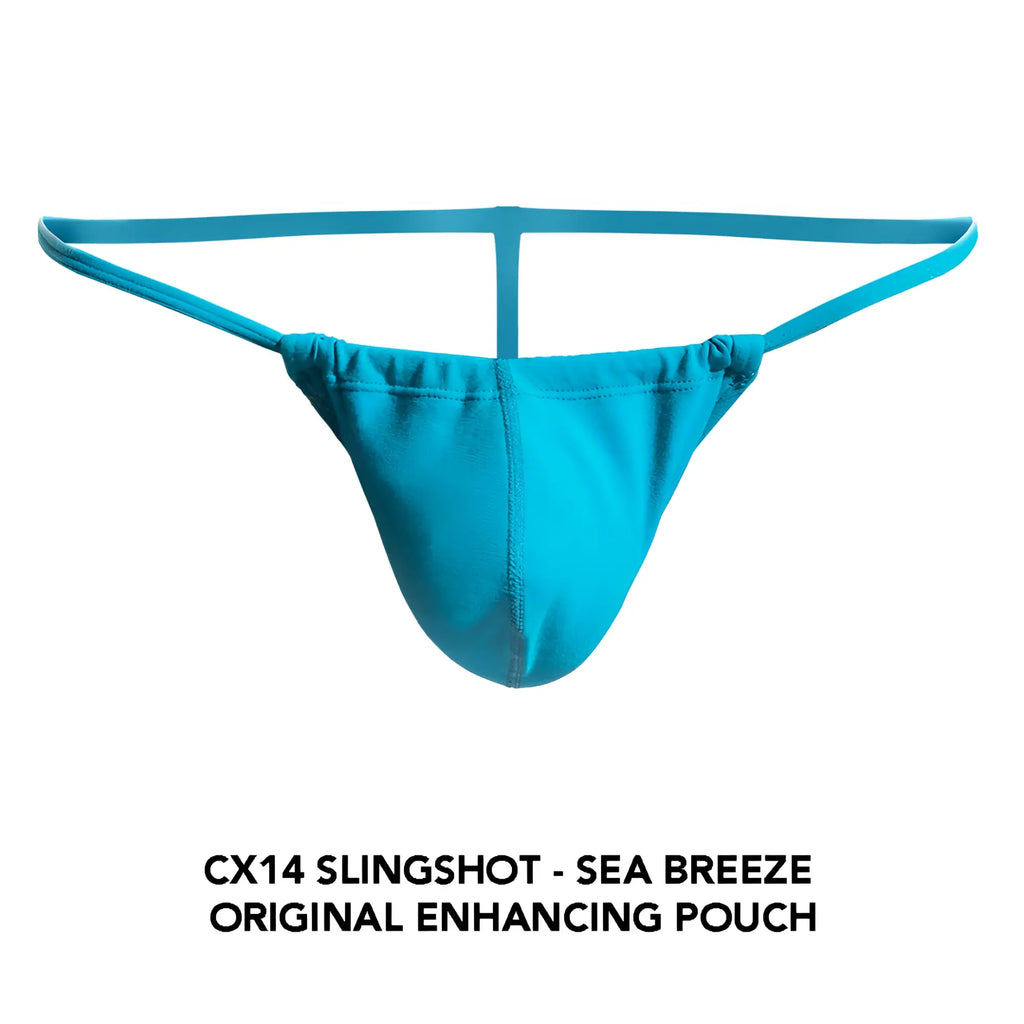 The cx14 slingshot sea breeze original is a turquoise, stretchy, form-fitting thong with thin elastic straps and central seam